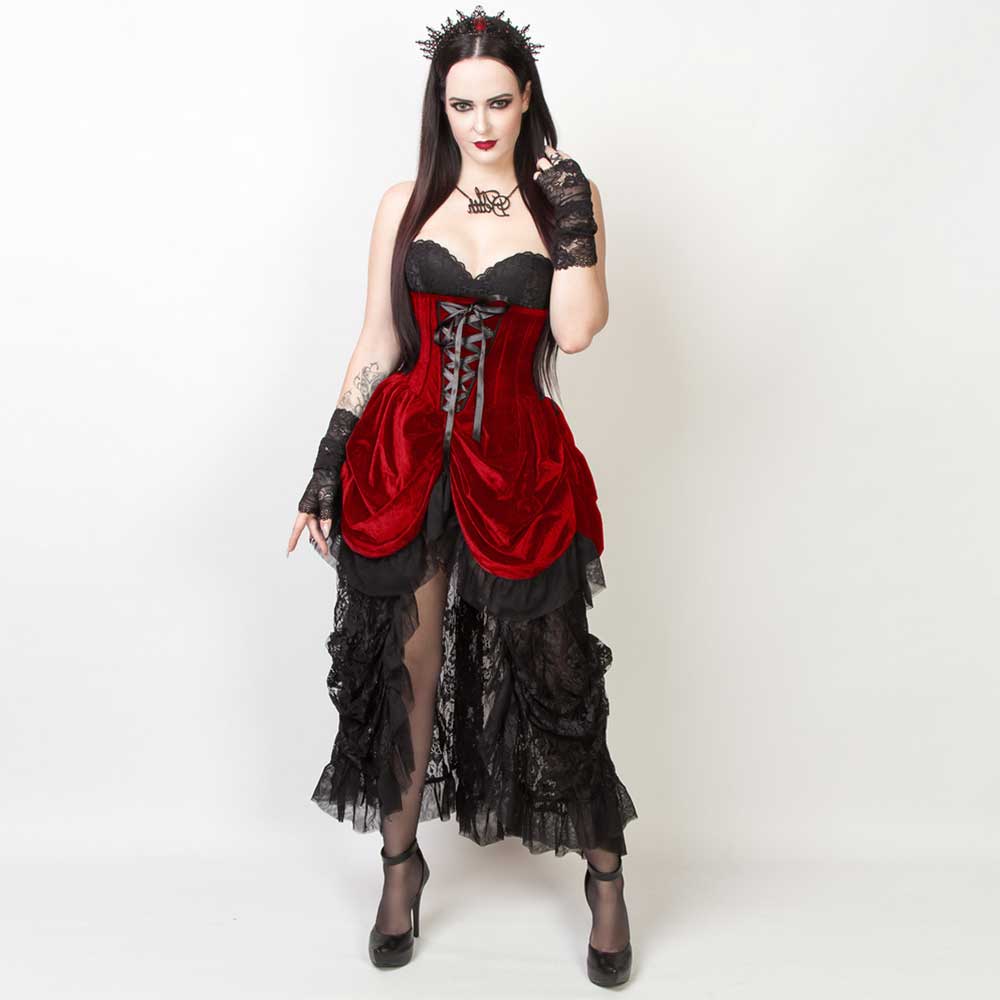 Attitude Corsets - Burlesque underbust corset Hoch niedriger Rock - Rot/Schwarz
